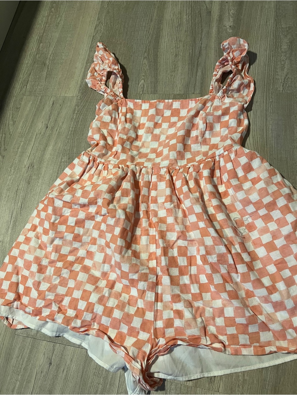 Forever 21 Peach & White Checkered Ruffle Strap Romper